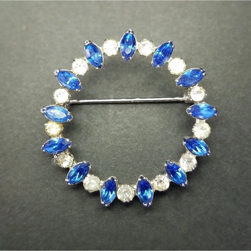 Vintage Carl Art Sterling Silver 1950's Blue Clear Rhinestone Circle Pin Brooch